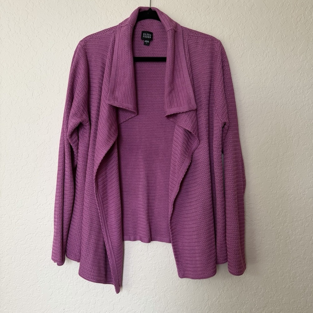 Eileen Fisher Long Cardigan Duster Large Purple Open Front Silk Knit Lagenlook